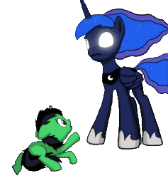 Size: 1139x1200 | Tagged: safe, artist:anon3mous1, princess luna, oc, alicorn, pony, unicorn, fanfic:trust once lost, g4, animated, blank flank, duo, explosion, eye beams, female, filly, gif, glowing eyes, mare, meme, scared, self insert, silence, simple background, transparent background, violence
