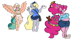 Size: 4000x2194 | Tagged: safe, artist:bearbuddies, artist:msprismatic, derpy hooves, pinkie pie, somnambula, earth pony, pegasus, anthro, unguligrade anthro, g4, the last problem, belly button, clothes, denim shorts, digital art, egyptian, egyptian pony, fat, female, heart, heart print underwear, jewelry, mail, mailbag, mailmare, mare, miniskirt, older, older pinkie pie, panties, pleated skirt, pudgy pie, rubber duck, see-through, shorts, simple background, skirt, teddy bear, tongue out, underwear, white background, wrinkles