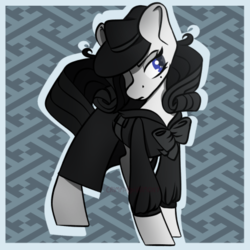 Size: 437x437 | Tagged: safe, artist:crimmharmony, oc, oc only, oc:shadow spade, pony, unicorn, fallout equestria: kingpin, beauty mark, black eyeshadow, blank, blank of rarity, blue eyes, clothes, commissioner:genki, detective, eyeshadow, fedora, hat, horn, justice mare, lawbringer, makeup, noir, not rarity, old art, patterned background, solo, trenchcoat, unicorn oc