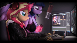 Size: 9056x5094 | Tagged: safe, artist:imafutureguitarhero, sci-twi, sunset shimmer, twilight sparkle, alicorn, unicorn, anthro, g4, 3d, absurd file size, absurd resolution, bepis, black bars, black underwear, bra, breasts, chromatic aberration, cleavage, clothes, colored eyebrows, colored eyelashes, computer, computer mouse, computer screen, controller, droste effect, duo, female, figure, film grain, fingerless gloves, gloves, halo (series), halo: reach, hat kid, headphones, horn, jacket, keyboard, leather gloves, leather jacket, letterboxing, levitation, long hair, long mane, magic, mare, microphone, monitor, mousepad, multicolored hair, multicolored mane, multitasking, nose wrinkle, pepsi, reasonably sized breasts, recursion, revamped anthros, revamped ponies, sci-twilicorn, soda, source filmmaker, telekinesis, twilight sparkle (alicorn), underwear, video game, wall of tags, wings, xbox controller, xbox one, xbox one controller