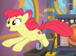 Size: 810x597 | Tagged: safe, screencap, apple bloom, earth pony, pony, g4, growing up is hard to do, bow, cropped, female, hair bow, happy, jumping, mare, midair, older, older apple bloom, open mouth, smiling, solo