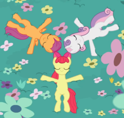 Size: 771x738 | Tagged: safe, screencap, apple bloom, scootaloo, sweetie belle, earth pony, pegasus, pony, unicorn, g4, growing up is hard to do, cropped, cutie mark crusaders, eyes closed, female, flower, lying down, meadow, older, older apple bloom, older cmc, older scootaloo, older sweetie belle, on back, smiling, trio