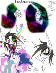 Size: 888x1150 | Tagged: safe, artist:didun850, oc, oc only, oc:lustrum, earth pony, pony, bust, chest fluff, earth pony oc, eyeliner, glowing eyes, heterochromia, makeup, male, pentagram, reference sheet, sharp teeth, sombra eyes, stallion, teeth, tongue out
