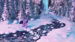 Size: 1920x1080 | Tagged: safe, artist:tinybenz, twilight sparkle, alicorn, pony, g4, clothes, female, fir tree, forest, mare, river, scarf, scenery, snow, solo, tree, twilight sparkle (alicorn), water, waterfall, winter