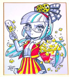 Size: 1740x1961 | Tagged: safe, artist:babtyu, juniper montage, equestria girls, equestria girls specials, g4, mirror magic, :t, cute, female, film reel, food, junibetes, movie, partial color, pigtails, popcorn, pouting, reel, solo, spoiled brat, traditional art