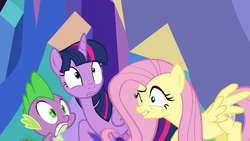 Size: 1280x720 | Tagged: safe, screencap, fluttershy, spike, twilight sparkle, alicorn, dragon, pegasus, pony, g4, faic, female, freaked out, lip bite, male, mare, one eye closed, scared, twilight sparkle (alicorn)