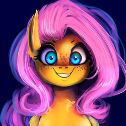 Size: 4096x4096 | Tagged: safe, artist:miokomata, fluttershy, pegasus, pony, semi-anthro, adoracreepy, blue background, blushing, bust, chest fluff, creepy, creepy smile, cute, ear fluff, fangs, female, fluffy, folded wings, freckles, freckleshy, grin, looking at you, mare, neck fluff, shyabetes, simple background, slasher smile, smiling, solo, squee, staring into your soul, wings