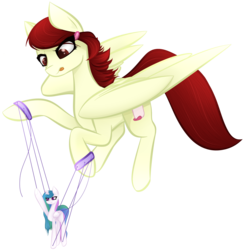Size: 2494x2541 | Tagged: safe, artist:those kids in the corner, princess celestia, oc, oc only, oc:dried petals, pegasus, pony, 2020 community collab, derpibooru community collaboration, concentrating, female, flying, high res, marionette, solo, strings, tongue out, transparent background, wings