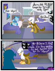 Size: 3500x4500 | Tagged: dead source, safe, artist:becauseimpink, gilda, rainbow dash, griffon, pegasus, pony, comic:transition, g4, annoyed, bed, cap, clothes, comic, dialogue, female, guilder, hat, mare, pillow, rule 63, transgender, unshorn fetlocks