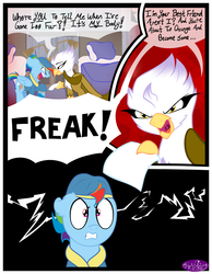 Size: 3500x4500 | Tagged: dead source, safe, artist:becauseimpink, gilda, rainbow dash, griffon, pegasus, pony, comic:transition, g4, angry, bed, cap, clothes, comic, dialogue, female, floppy ears, gritted teeth, guilder, hat, mare, pillow, rule 63, transgender, transphobia, yelling