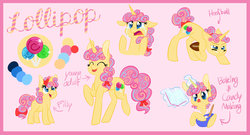 Size: 3897x2100 | Tagged: safe, artist:cartoonboyfriends, oc, oc:lollipop, pony, unicorn, american football, apron, clothes, crying, female, filly, high res, mare, multiple parents, offspring, parent:applejack, parent:fluttershy, parent:pinkie pie, parent:rainbow dash, parent:rarity, parent:twilight sparkle, parents:omniship, reference sheet, sports