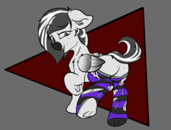Size: 926x703 | Tagged: safe, artist:scarrly, pegasus, pony, ambiguous gender, butt freckles, clothes, featureless crotch, floppy ears, freckles, ripped stockings, socks, solo, striped socks, tail lift, underhoof