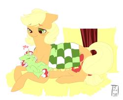 Size: 1024x830 | Tagged: safe, artist:rainbowfactory20, applejack, oc, oc:sweet tart, earth pony, pony, unicorn, g4, baby, baby pony, bags under eyes, blanket, female, filly, heart, missing accessory, mommajack, mother and daughter, offspring, parent:applejack, parent:flim, parents:flimjack, prone, simple background, white background