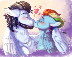 Size: 1120x893 | Tagged: safe, artist:malinraf1615, rainbow dash, soarin', pegasus, pony, g4, the last problem, abstract background, beard, boop, eyes closed, facial hair, female, floppy ears, heart, jewelry, male, mare, necklace, noseboop, obtrusive watermark, older, older rainbow dash, older soarin', older soarindash, ring, ship:soarindash, shipping, stallion, straight, watermark, wedding ring