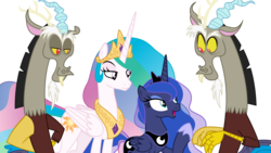 Size: 6000x3375 | Tagged: safe, artist:sketchmcreations, discord, princess celestia, princess luna, alicorn, draconequus, pony, g4, the ending of the end, double, female, looking at each other, male, mare, open mouth, raised hoof, royal sisters, simple background, sisters, smiling, transparent background, vector
