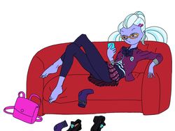 Size: 1135x852 | Tagged: safe, artist:dadss_rootbeer, sugarcoat, equestria girls, g4, my little pony equestria girls: friendship games, bag, barefoot, cellphone, clothes, couch, crossed legs, crystal prep academy uniform, feet, female, legs, phone, resting, school uniform, shoes, shoes removed, simple background, smartphone, socks, solo, white background, wiggling toes