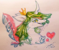 Size: 2663x2251 | Tagged: safe, artist:angusdra, oc, oc only, changeling, bust, changeling oc, chest fluff, crown, fangs, heart, high res, jewelry, regalia, slit pupils, solo, traditional art, white changeling
