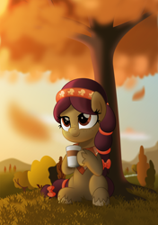 Size: 800x1135 | Tagged: safe, artist:jhayarr23, oc, oc only, oc:harvest equinox, earth pony, pony, cup, female, hoof hold, leaves, mare, outdoors, scenery, sitting, solo, three quarter view, tree, under the tree
