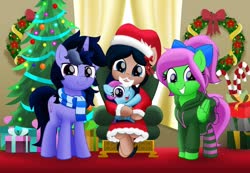 Size: 800x553 | Tagged: dead source, safe, artist:jhayarr23, oc, oc only, oc:candy sparklez, oc:crescend cinnamon, oc:purple flix, oc:zippy sparkz, earth pony, pegasus, pony, unicorn, candy, candy cane, christmas, christmas tree, christmas wreath, clothes, costume, female, filly, food, hat, holiday, male, mare, present, santa costume, santa hat, scarf, socks, stallion, striped socks, tree, wreath