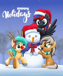 Size: 800x966 | Tagged: safe, artist:jhayarr23, oc, oc only, oc:deliriam, oc:smooth walker, oc:turquoise droplet, bat pony, earth pony, pegasus, pony, clothes, male, red nose, scarf, snow, snowman, stallion
