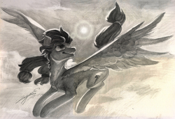 Size: 3125x2142 | Tagged: safe, artist:angusdra, oc, oc only, pegasus, pony, flying, high res, monochrome, solo, traditional art