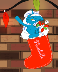 Size: 1200x1500 | Tagged: safe, artist:pastichepanic, oc, oc:fleurbelle, alicorn, pony, adorabelle, adorable face, alicorn oc, bow, christmas, christmas lights, christmas stocking, cute, female, flower, hair bow, holiday, horn, mare, ocbetes, reaching, yellow eyes