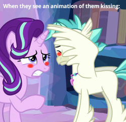 Size: 404x391 | Tagged: safe, edit, edited screencap, screencap, starlight glimmer, terramar, alicorn, hippogriff, pony, g4, student counsel, blushing, covering eyes, cropped, duo, female, hiding behind wing, implied shipping, male, reaction image, shipping, straight, terralight, wings