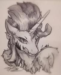 Size: 2208x2717 | Tagged: safe, artist:angusdra, oc, oc only, alicorn, pony, alicorn oc, bust, ear fluff, fangs, high res, horn, monochrome, slit pupils, solo, traditional art