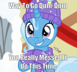 Size: 484x450 | Tagged: safe, artist:evil-dec0y, trixie, pony, g4, animated, caption, clapping, cute, diatrixes, female, gif, image macro, it's a working title, meme, sarcasm, solo, text
