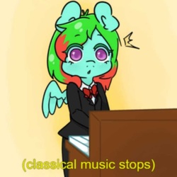 Size: 797x797 | Tagged: safe, artist:themoustachemare, edit, oc, oc:precised note, pegasus, anthro, :o, blurry, bowtie, clothes, colored pupils, gradient background, jazz music stops, keyboard, meme, musical instrument, open mouth, piano, playing, shocked, shocked expression, simple background, spread wings, standing, startled, suit, text, tuxedo, wings
