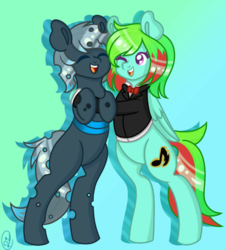 Size: 800x885 | Tagged: safe, oc, oc only, oc:precised note, changeling, pegasus, pony, :d, bowtie, changeling oc, clothes, colored pupils, cutie mark, eyes closed, gradient background, hole, hug, huggies, one eye closed, open mouth, standing, suit, tuxedo, wings