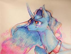 Size: 2498x1892 | Tagged: safe, artist:angusdra, princess luna, alicorn, pony, g4, colored pupils, curved horn, female, fluffy, horn, mare, solo, traditional art