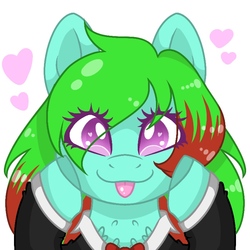 Size: 768x768 | Tagged: safe, artist:minty spearla, oc, oc:precised note, pegasus, pony, :p, bowtie, bust, clothes, colored eyelashes, colored pupils, eye clipping through hair, eyelashes, heart, heart eyes, hooves on cheeks, looking at you, smiling, suit, tongue out, tuxedo, wingding eyes