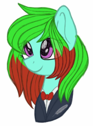 Size: 800x1085 | Tagged: safe, artist:mintydelight, oc, oc:precised note, pegasus, pony, bowtie, bust, clothes, eye clipping through hair, eyelashes, portrait, smiling, suit, tuxedo, watermark