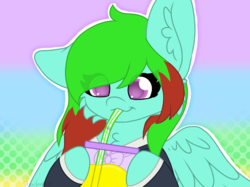 Size: 800x598 | Tagged: safe, artist:shadowmlp, oc, oc:precised note, pegasus, pony, bowtie, clothes, colored background, colored pupils, cup, drink, drinking, eye clipping through hair, floppy ears, gradient background, holding, juice, slurp, slurping, spread wings, suit, tuxedo, wings