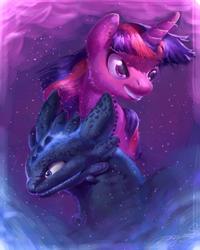 Size: 1024x1280 | Tagged: safe, artist:angusdra, twilight sparkle, dragon, pony, g4, awesome, bust, dreamworks, female, how to train your dragon, mare, portrait, toothless the dragon