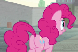 Size: 438x293 | Tagged: safe, screencap, pinkie pie, earth pony, pony, g4, the last laugh, balloonbutt, butt, cropped, female, mare, plot, smiling, solo