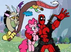 Size: 1888x1377 | Tagged: safe, artist:mickeymonster, discord, pinkie pie, draconequus, earth pony, human, pony, g4, abs, crossover, deadpool, discord is not amused, female, human male, katana, male, mare, sword, unamused, weapon, x x everywhere