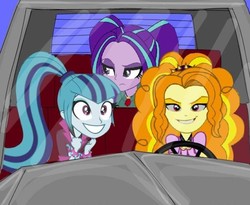 Size: 1039x853 | Tagged: safe, adagio dazzle, aria blaze, sonata dusk, equestria girls, g4, dazzling, disguise, disguised siren, driving, night at the roxbury, what is love