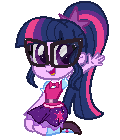 Size: 120x140 | Tagged: dead source, safe, artist:wubcakeva, sci-twi, twilight sparkle, human, equestria girls, g4, adorkable, animated, belt, bowtie, chibi, clothes, cute, dork, female, gif, glasses, looking at you, mary janes, meganekko, open mouth, pixel art, ponytail, simple background, skirt, socks, solo, transparent background, twiabetes, vest, waving