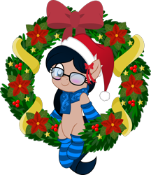Size: 800x926 | Tagged: safe, artist:jhayarr23, part of a set, oc, oc only, oc:crescend cinnamon, earth pony, pony, christmas wreath, clothes, female, glasses, jhayarr23's holiday ych, mare, movie accurate, one eye closed, scarf, simple background, socks, solo, striped socks, transparent background, wink, wreath