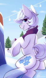 Size: 1500x2500 | Tagged: safe, artist:shadowreindeer, double diamond, earth pony, pony, g4, butt, clothes, commission, cute, dock, double dawwmond, looking at you, looking back, looking back at you, male, open mouth, plot, scarf, snow, solo, stallion, winter