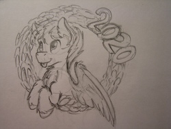 Size: 1280x960 | Tagged: artist needed, safe, oc, oc:hellfire, pegasus, pony, 2020, fur, happy new year, happy new year 2020, holiday, male, monochrome, pencil drawing, traditional art, wings