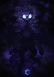 Size: 2800x4000 | Tagged: safe, artist:angusdra, nightmare moon, alicorn, pony, g4, chest fluff, female, flying, glowing eyes, mare, night, smiling, solo, spread wings, wings