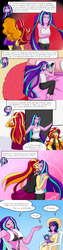 Size: 1000x4000 | Tagged: safe, artist:askmylastunicorn, artist:jake heritagu, adagio dazzle, aria blaze, sci-twi, sunset shimmer, twilight sparkle, oc, oc:sparkling sapphire, comic:aria's archives, equestria girls, g4, bed, bikini, blanket, blushing, breasts, cellphone, chair, cleavage, clothes, comic, dialogue, female, flashback, glasses, holding hands, iphone, kissing, lesbian, magical lesbian spawn, midriff, offspring, parent:sci-twi, parent:sunset shimmer, parents:scitwishimmer, phone, pillow, ship:sunsagio, ship:sunsetsparkle, shipping, smartphone, speech bubble, sunblaze, swimsuit, tank top, towel