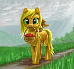 Size: 1600x1500 | Tagged: safe, artist:odooee, applejack, earth pony, pony, g4, apple, basket, cloud, dirt road, female, food, grass, hat, hatless, mare, missing accessory, mouth hold, overcast, rain, solo, wet, wet mane