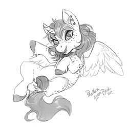 Size: 3500x3500 | Tagged: safe, artist:phathusa, oc, oc only, oc:moonbrush, alicorn, pony, alicorn oc, female, grayscale, high res, hooves, horn, looking at you, monochrome, piercing, sketch, solo, wings