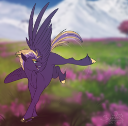 Size: 1016x1000 | Tagged: safe, artist:sunny way, oc, oc only, pegasus, pony, feather, female, flower, fun, happy, mare, mountain, open mouth, solo, wings