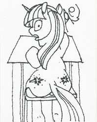 Size: 1224x1546 | Tagged: safe, artist:age3rcm, twilight sparkle, pony, g4, butt, female, looking at you, looking back, looking back at you, monochrome, plot, signature, simple background, sitting, solo, traditional art, white background