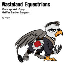 Size: 800x800 | Tagged: safe, artist:velgarn, oc, oc only, griffon, fallout equestria, barber surgeon, clothes, combat medic, concept art, first aid kit, german, male, military, military haircut, pen and paper rpg, reinforced claw, simple background, solo, uniform, wasteland equestrians, white background
